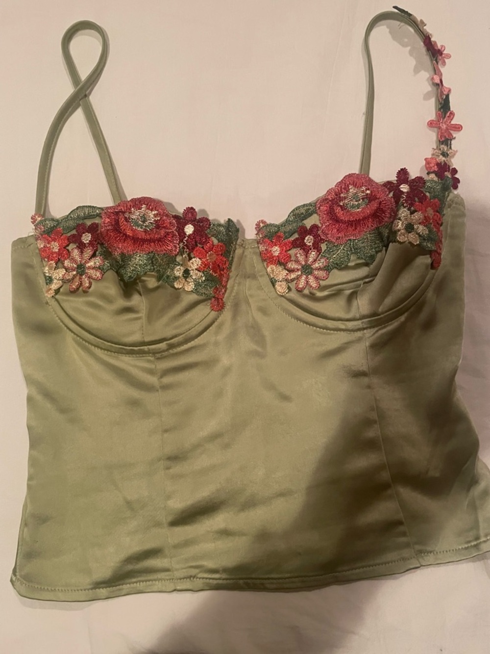 Princess Polly Sage Green Satin Floral Embroidered Bustier Top